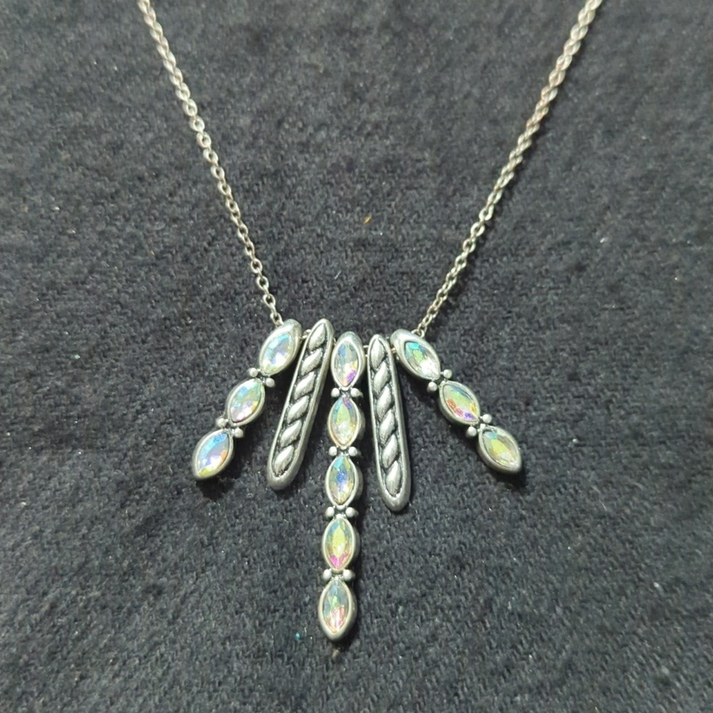 Silver Tone Clear Rhinestone Spike Pendant Statement Necklace